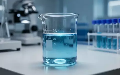 Ein gläsernes Laborbecherglas mit einer leuchtend blauen Flüssigkeit auf einem sterilen Labortisch in einem Forschungslabor. - Foto: über boerse-global.de