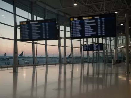 Leere, moderne Flughafen-Terminalhalle mit Glasfassade und indirekter Beleuchtung ohne Personen. - Foto: über boerse-global.de