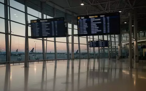 Leere, moderne Flughafen-Terminalhalle mit Glasfassade und indirekter Beleuchtung ohne Personen. - Foto: ĂŒber boerse-global.de