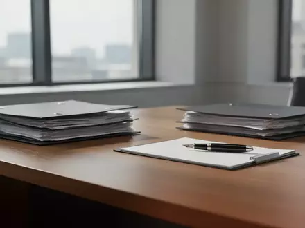 Ein minimalistischer Schreibtisch in einem modernen Büro mit einer Mappe und einem Stift bei natürlichem Tageslicht. - Foto: über boerse-global.de