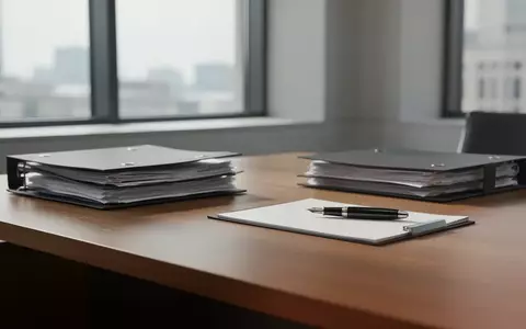Ein minimalistischer Schreibtisch in einem modernen Büro mit einer Mappe und einem Stift bei natürlichem Tageslicht. - Foto: über boerse-global.de