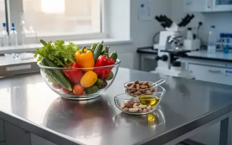 Ein heller, moderner Labortisch mit frischem Gemüse und gesunden Fetten in Glasschalen in einer klinischen Umgebung. - Foto: über boerse-global.de