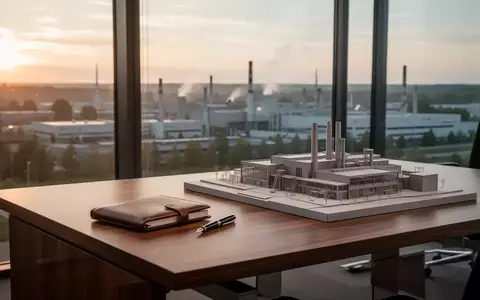 Ein minimalistischer Büroarbeitsplatz mit einem Architekturmodell einer Fabrik und einem Notizbuch vor einem Fenster. - Foto: über boerse-global.de