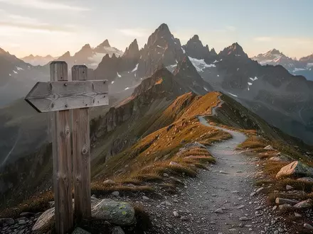 Ein hölzerner Wanderwegweiser auf einem Bergkamm in den Schweizer Alpen bei Sonnenuntergang mit einem schmalen Pfad. - Foto: über boerse-global.de