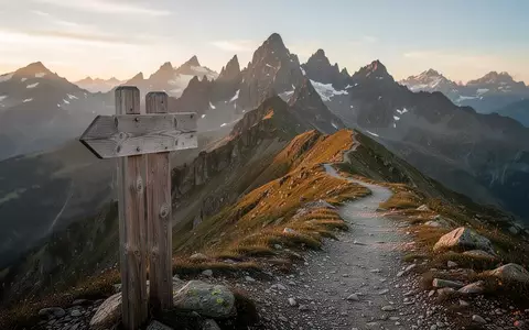 Ein hölzerner Wanderwegweiser auf einem Bergkamm in den Schweizer Alpen bei Sonnenuntergang mit einem schmalen Pfad. - Foto: über boerse-global.de