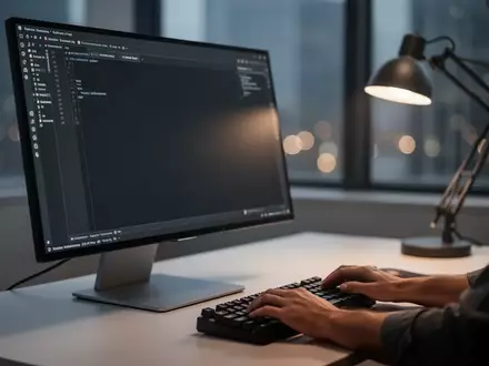 Ein moderner, minimalistischer Arbeitsplatz mit einem Computerbildschirm, der eine leere Entwicklungsumgebung zeigt. - Foto: über boerse-global.de