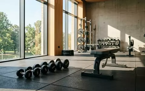 Hanteln und Fitnessgeräte in einem hellen, aufgeräumten Fitnessraum bei natürlichem Lichteinfall. - Foto: über boerse-global.de