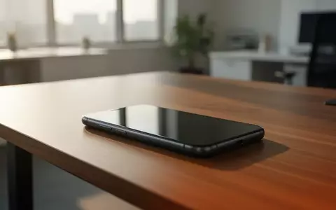 Ein modernes Smartphone liegt auf einem hölzernen Schreibtisch in einem hellen Büro, der Bildschirm ist dunkel. - Foto: über boerse-global.de