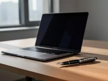 Ein minimalistischer Arbeitsplatz mit einem ausgeschalteten Laptop und einem Füllfederhalter auf einem Holztisch. - Foto: über boerse-global.de