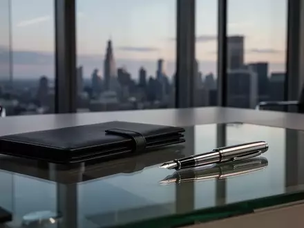Ein minimalistischer, moderner Schreibtisch in einem Büro mit Blick auf die abendliche Skyline durch ein großes Fenster. - Foto: über boerse-global.de
