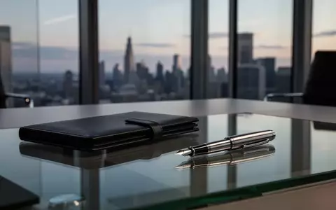 Ein minimalistischer, moderner Schreibtisch in einem Büro mit Blick auf die abendliche Skyline durch ein großes Fenster. - Foto: über boerse-global.de