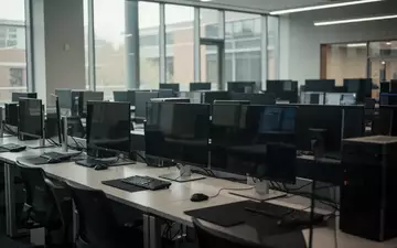 Leerer, moderner Computerraum in einer Bildungseinrichtung mit dunklen Bildschirmen und natürlichem Lichteinfall. - Foto: über boerse-global.de