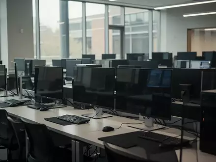 Leerer, moderner Computerraum in einer Bildungseinrichtung mit dunklen Bildschirmen und natürlichem Lichteinfall. - Foto: über boerse-global.de