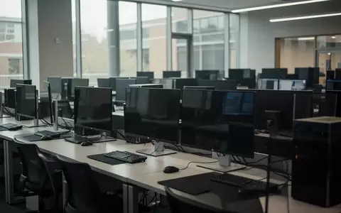 Leerer, moderner Computerraum in einer Bildungseinrichtung mit dunklen Bildschirmen und natürlichem Lichteinfall. - Foto: über boerse-global.de