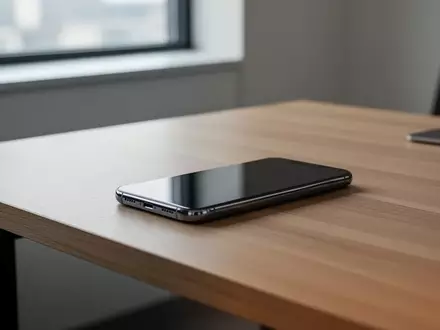Ein dunkles Smartphone auf einem hölzernen Schreibtisch in einem modernen Bürogebäude. - Foto: über boerse-global.de