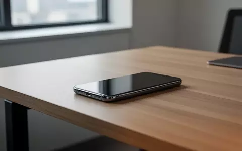 Ein dunkles Smartphone auf einem hölzernen Schreibtisch in einem modernen Bürogebäude. - Foto: über boerse-global.de