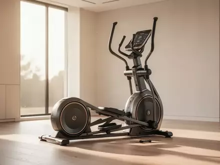 Ein moderner Crosstrainer steht in einem hellen, minimalistisch eingerichteten Heimfitnessraum bei natürlichem Licht. - Foto: über boerse-global.de