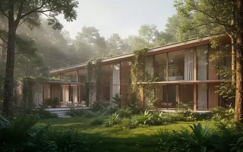 Ein modernes, nachhaltiges Gebäude, das harmonisch in eine üppige Waldlandschaft integriert ist. - Foto: über boerse-global.de