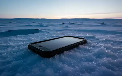 Ein Smartphone in einer robusten Schutzhülle liegt in einer verschneiten arktischen Landschaft nahe Kiruna. - Foto: über boerse-global.de