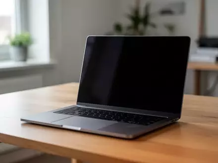 Ein dunkler Laptop auf einem Schreibtisch in einem minimalistischen Büro als Symbol für Online-Sicherheit. - Foto: über boerse-global.de