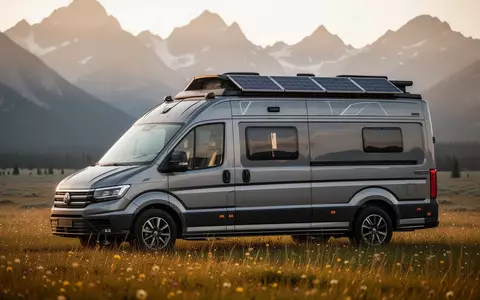 Ein modernes Luxus-Wohnmobil mit Solarpaneelen auf dem Dach, geparkt in einer weitläufigen Berglandschaft. - Foto: über boerse-global.de