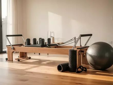Ein minimalistischer Raum mit einem professionellen Pilates-Reformer, einer Schaumstoffrolle und einem Gymnastikball. - Foto: über boerse-global.de