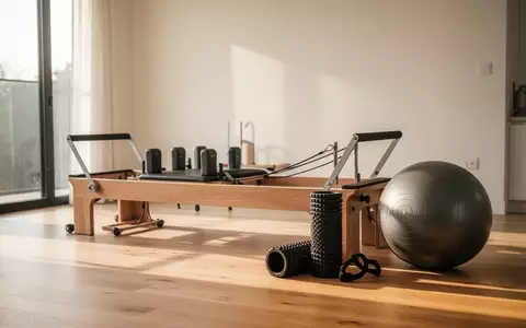 Ein minimalistischer Raum mit einem professionellen Pilates-Reformer, einer Schaumstoffrolle und einem Gymnastikball. - Foto: über boerse-global.de