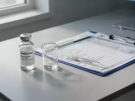 Medizinische Utensilien und eine Patientenakte auf einem Labortisch zur Darstellung der Gichttherapie. - Foto: über boerse-global.de