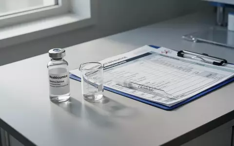 Medizinische Utensilien und eine Patientenakte auf einem Labortisch zur Darstellung der Gichttherapie. - Foto: über boerse-global.de