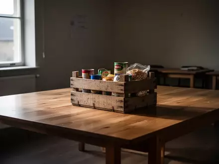 Ein hölzerner Kasten mit einfachen Lebensmitteln auf einem leeren Tisch in einem schlichten Raum. - Foto: über boerse-global.de