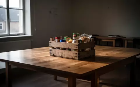 Ein hölzerner Kasten mit einfachen Lebensmitteln auf einem leeren Tisch in einem schlichten Raum. - Foto: über boerse-global.de