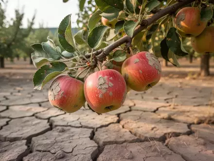 Kleine, sonnengeschädigte Äpfel an einem Baum in einer trockenen Obstplantage bei sommerlichem Licht. - Foto: über boerse-global.de