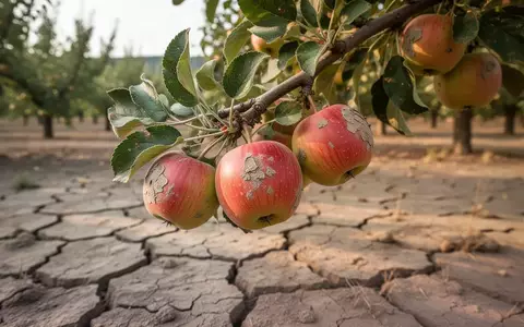 Kleine, sonnengeschädigte Äpfel an einem Baum in einer trockenen Obstplantage bei sommerlichem Licht. - Foto: über boerse-global.de