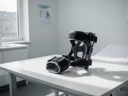 Eine leere orthopädische Kniebandage auf einem sterilen weißen Untersuchungstisch in einem hellen Behandlungsraum. - Foto: über boerse-global.de