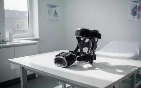 Eine leere orthopädische Kniebandage auf einem sterilen weißen Untersuchungstisch in einem hellen Behandlungsraum. - Foto: über boerse-global.de