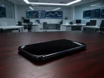 Ein unbenutztes Smartphone auf einem dunklen Schreibtisch in einer schattigen Büroumgebung. - Foto: über boerse-global.de