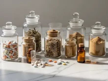 Verschiedene Apothekergläser und Braunglasflaschen mit Nahrungsergänzungsmitteln auf einer weißen Marmoroberfläche. - Foto: über boerse-global.de