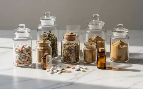 Verschiedene Apothekergläser und Braunglasflaschen mit Nahrungsergänzungsmitteln auf einer weißen Marmoroberfläche. - Foto: über boerse-global.de