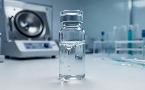 Ein gläsernes Laborfläschchen mit einem klaren Gel auf einem sterilen Labortisch, symbolisch für medizinische Forschung. - Foto: über boerse-global.de