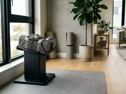 Ein Satz verstellbarer Kurzhanteln auf einer Basisstation in einem modern eingerichteten, hellen Wohnraum. - Foto: über boerse-global.de