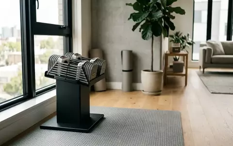 Ein Satz verstellbarer Kurzhanteln auf einer Basisstation in einem modern eingerichteten, hellen Wohnraum. - Foto: über boerse-global.de