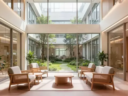 Heller, moderner Aufenthaltsbereich einer gerontopsychiatrischen Klinik mit Blick in einen begrünten Innenhof. - Foto: über boerse-global.de