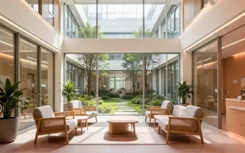 Heller, moderner Aufenthaltsbereich einer gerontopsychiatrischen Klinik mit Blick in einen begrünten Innenhof. - Foto: über boerse-global.de