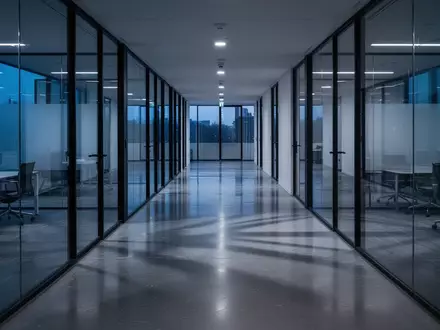Ein leerer, modern gestalteter Büroflur mit Glaswänden in einer kühlen, professionellen Atmosphäre. - Foto: über boerse-global.de