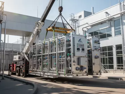 Industrielle Elektrolyseur-Module bei der Anlieferung auf einem modernen Industriegelände. - Foto: über boerse-global.de