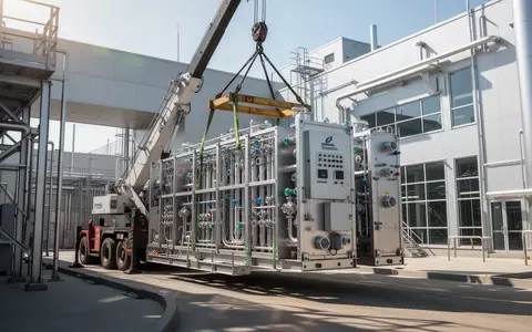 Industrielle Elektrolyseur-Module bei der Anlieferung auf einem modernen Industriegelände. - Foto: über boerse-global.de