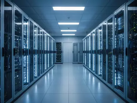 Moderne Serverräume in einem Rechenzentrum mit blau leuchtenden Server-Racks. - Foto: über boerse-global.de