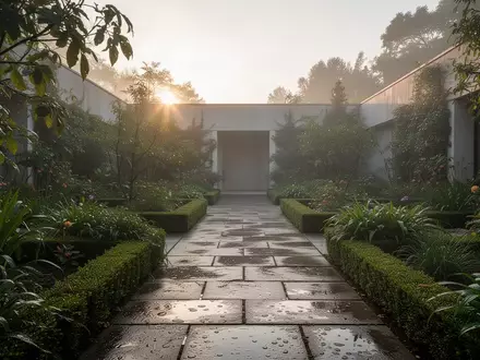 Ein ruhiger, sonnendurchfluteter Klostergarten mit gepflegten Wegen und üppiger Vegetation. - Foto: über boerse-global.de