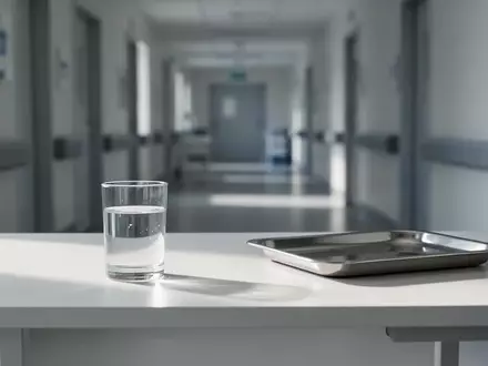 Ein minimalistischer, heller Behandlungsraum im Krankenhaus mit einem Glas Wasser auf einem Tisch in natürlichem Licht. - Foto: über boerse-global.de