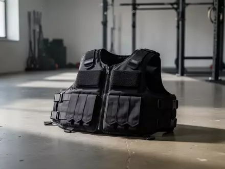 Eine schwarze Gewichtsweste liegt auf dem Boden eines funktionalen Fitnessstudios mit einem Kraftgestell im Hintergrund. - Foto: über boerse-global.de